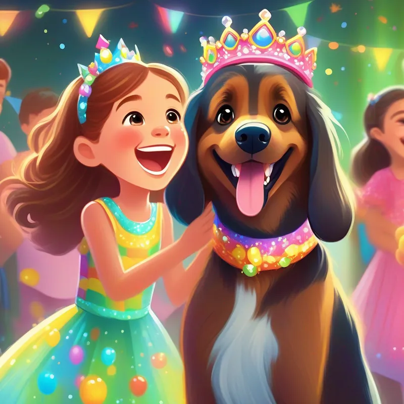 Happy, excited, wearing a colorful party dress and a sparkly tiara. and Bella's best friend, wearing a matching party dress and a big smile. having a great time at the party.