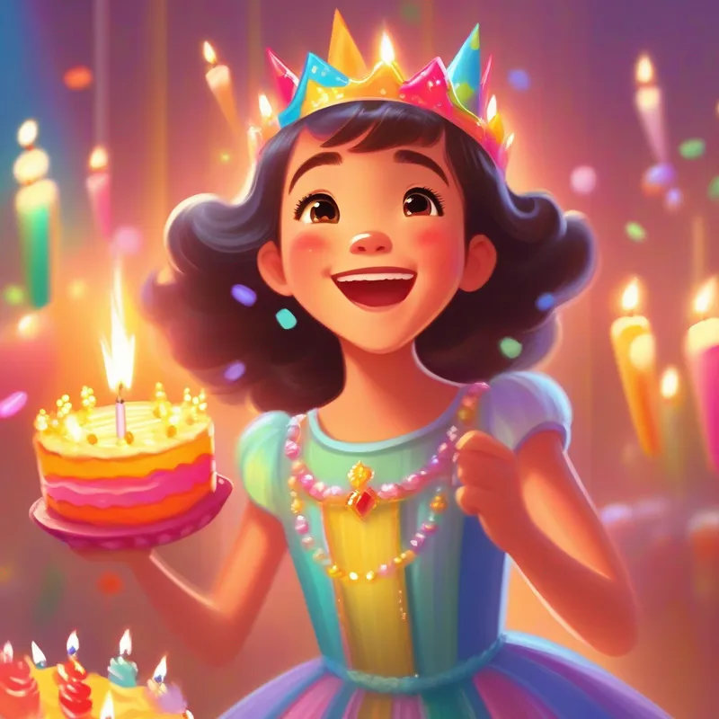 Happy, excited, wearing a colorful party dress and a sparkly tiara. blowing out the candles on her birthday cake.