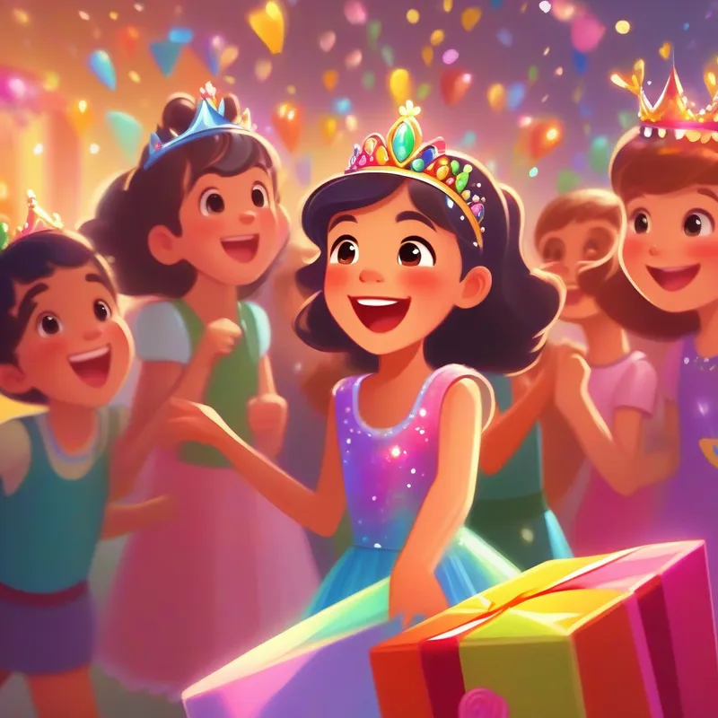 Happy, excited, wearing a colorful party dress and a sparkly tiara. opening presents and feeling loved by her friends and family.