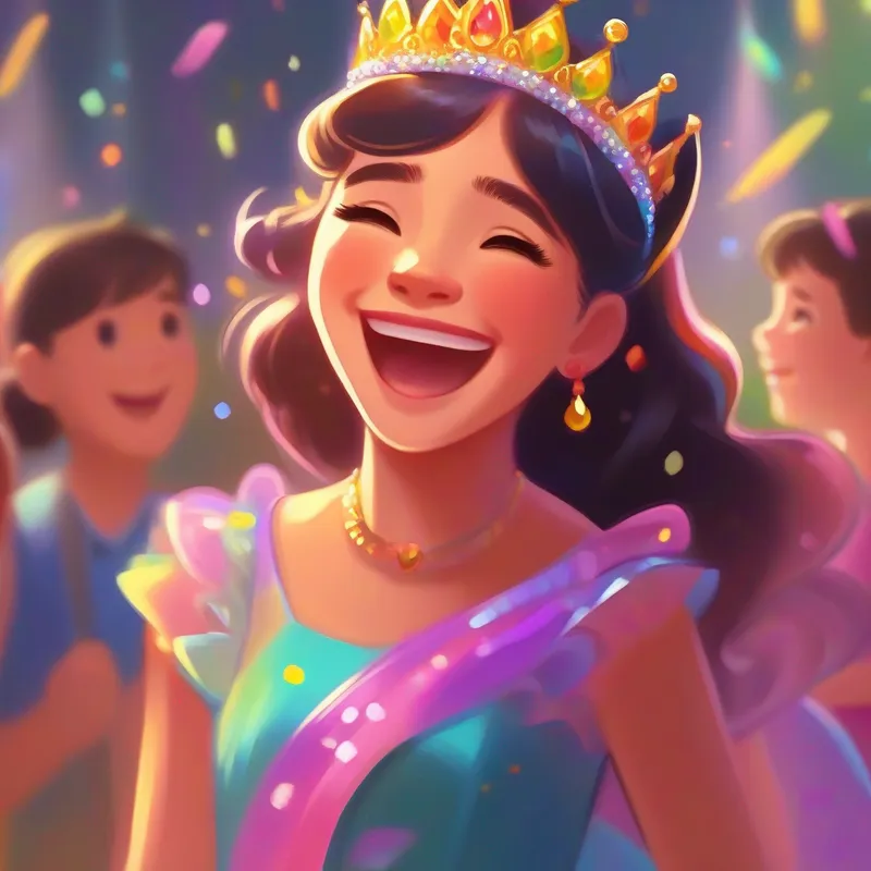 Happy, excited, wearing a colorful party dress and a sparkly tiara. saying goodbye to her loved ones and feeling grateful.