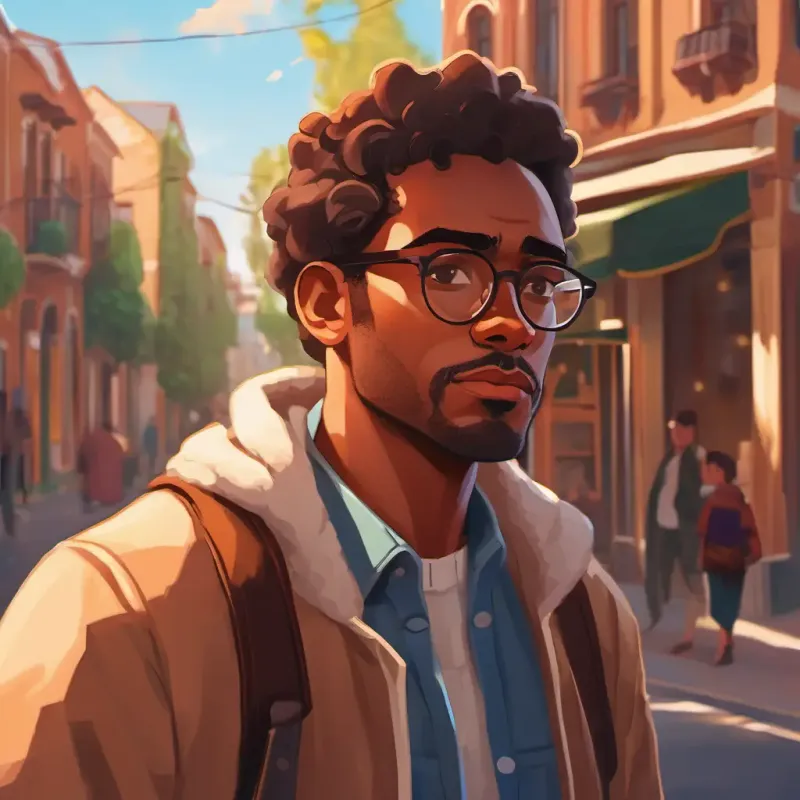 A man with brown skin and caring brown eyes, wears glasses feeling sad in a sunny town after his divorce