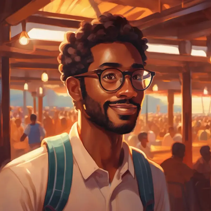 A man with brown skin and caring brown eyes, wears glasses reflecting on his journey and newfound happiness