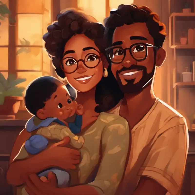 A man with brown skin and caring brown eyes, wears glasses and A kind-hearted woman with warm brown eyes and brown skin expressing their desire to have a child