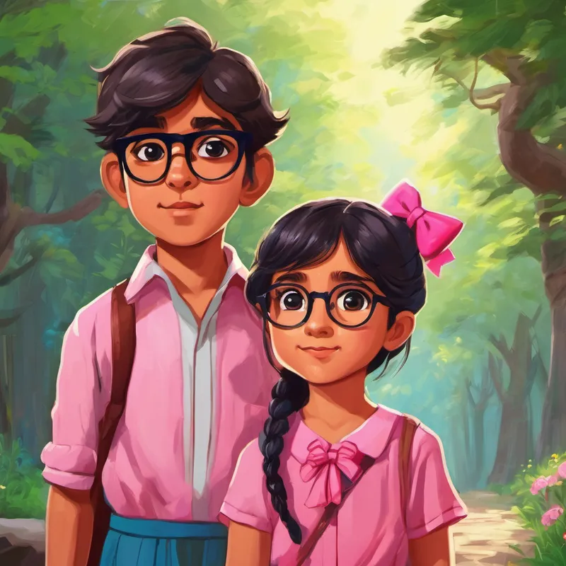 Chaarvi - a talkative girl with a pink bow and Paardhi - a quiet boy with glasses standing side by side