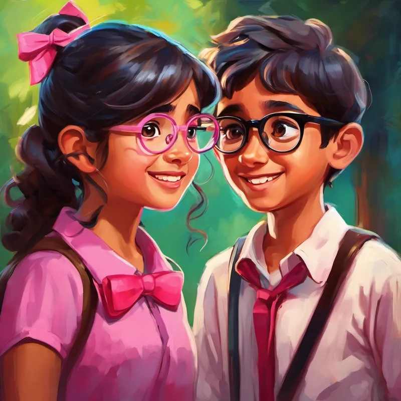 Chaarvi - a talkative girl with a pink bow and Paardhi - a quiet boy with glasses chatting and listening respectively