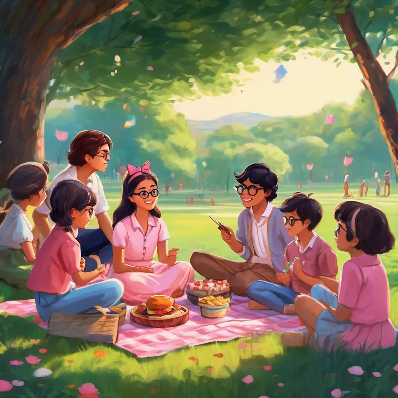 Chaarvi - a talkative girl with a pink bow, Paardhi - a quiet boy with glasses, and friends playing at a picnic