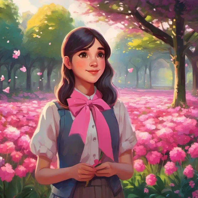 Chaarvi - a talkative girl with a pink bow talking while missing the colorful flowers