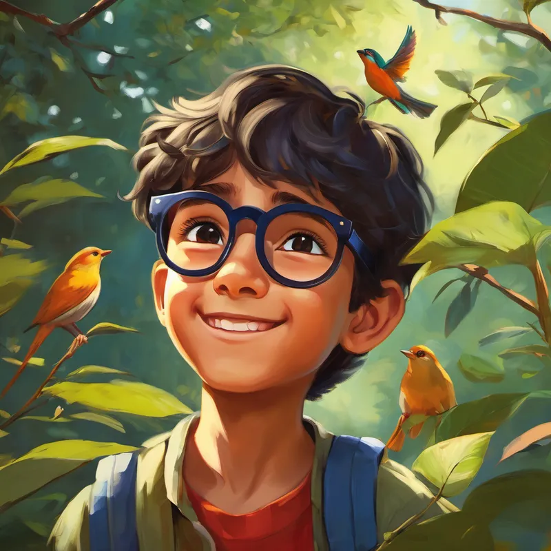 Paardhi - a quiet boy with glasses listening to birds with a smile