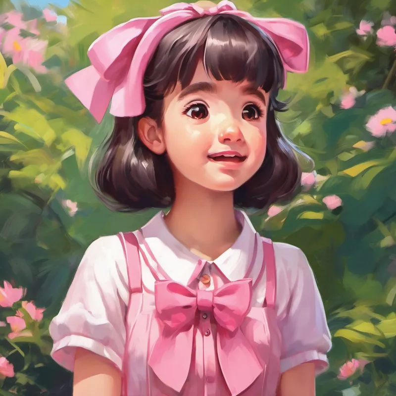 Chaarvi - a talkative girl with a pink bow closing her mouth and paying attention