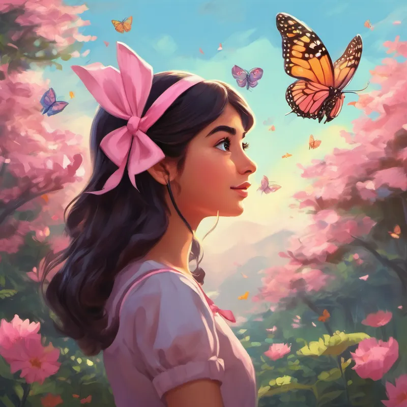 Chaarvi - a talkative girl with a pink bow listening while butterflies fly around her