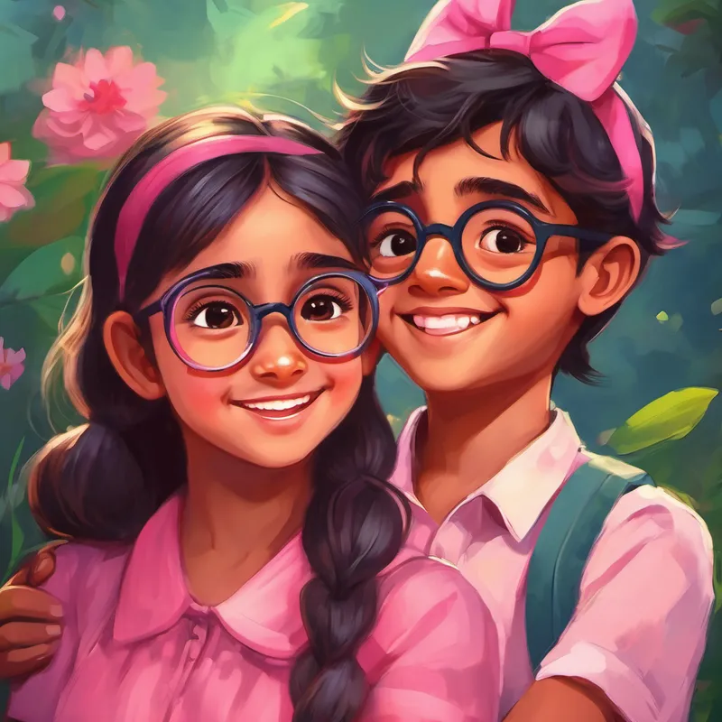 Chaarvi - a talkative girl with a pink bow and Paardhi - a quiet boy with glasses hugging with smiles on their faces