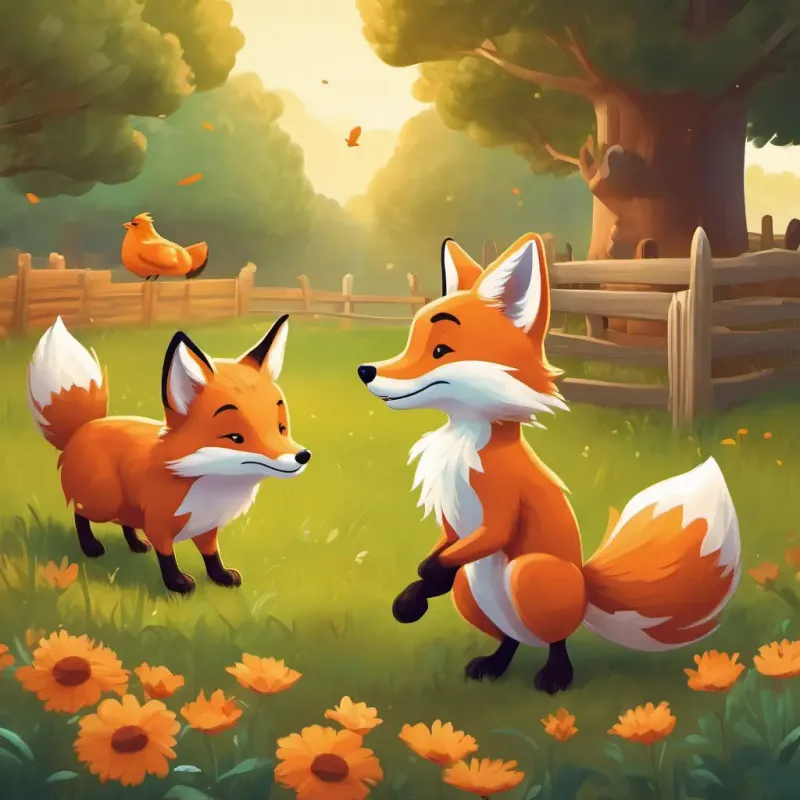 Fox and hen characters becoming friends and enjoying playful activities, farm setting.