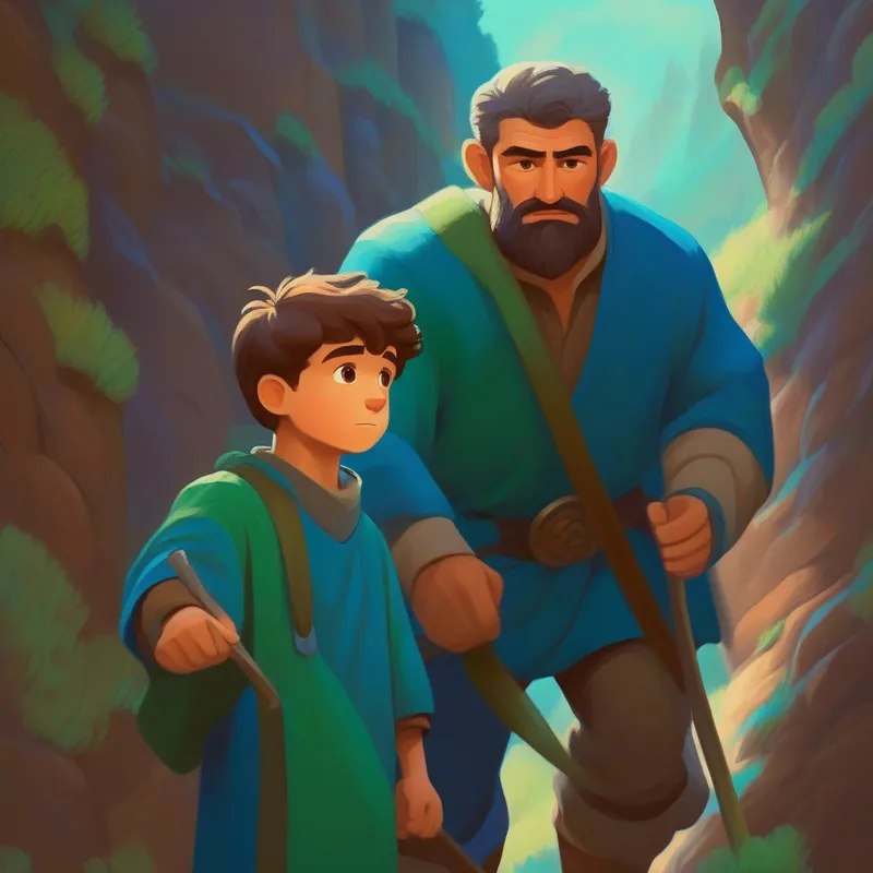Brave man. Colors: blue, brown, green. and his son. Colors: blue, brown, green. Determination.