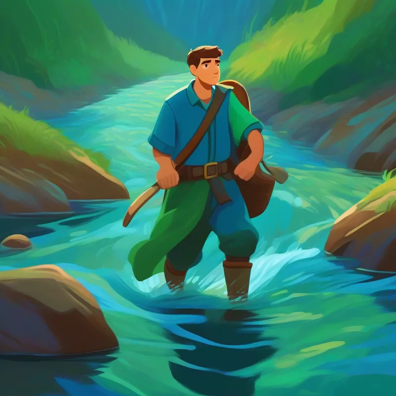 Brave man. Colors: blue, brown, green. crossing a river. Colors: blue, green. Determination.