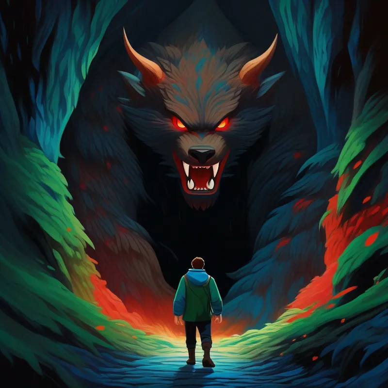 Brave man. Colors: blue, brown, green. entering the monster's lair. Colors: black, red. Bravery.