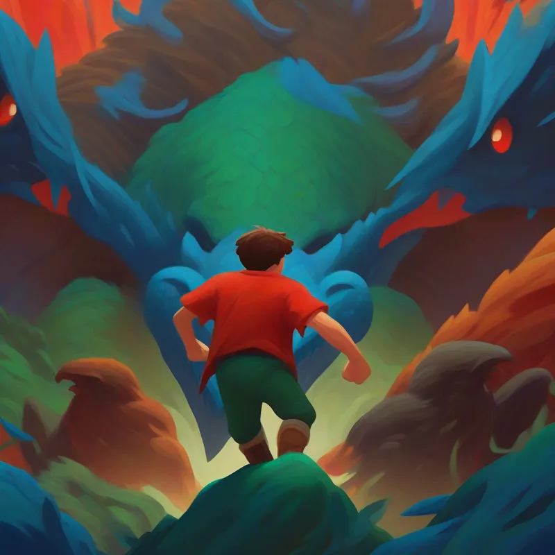 Brave man. Colors: blue, brown, green. fighting the monster. Colors: red, brown. Determination, bravery.