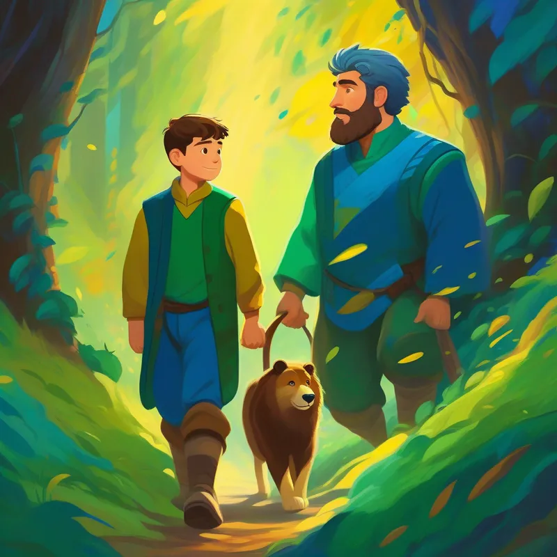 Brave man. Colors: blue, brown, green. and his son reunited. Colors: blue, green, yellow. Bravery, determination.