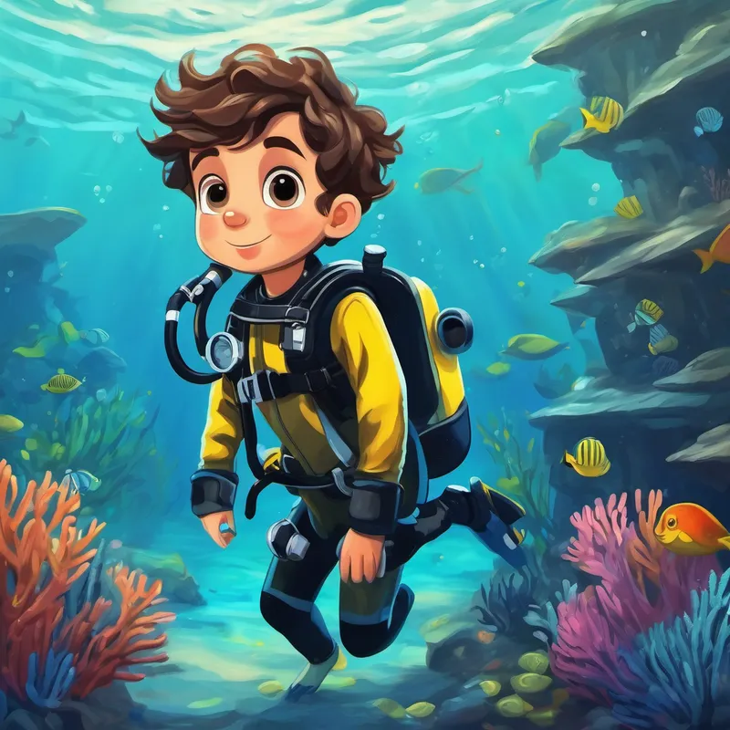 Curious and brave boy with scuba gear. in scuba gear diving into the ocean