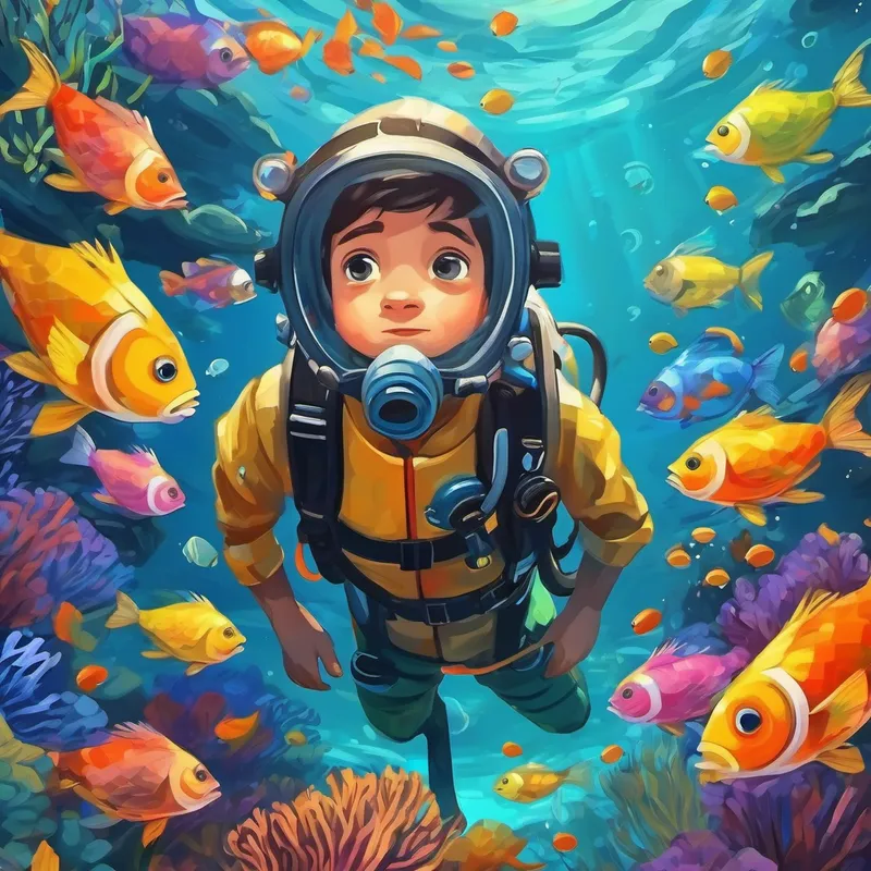 Curious and brave boy with scuba gear. surrounded by colorful fish in the sea