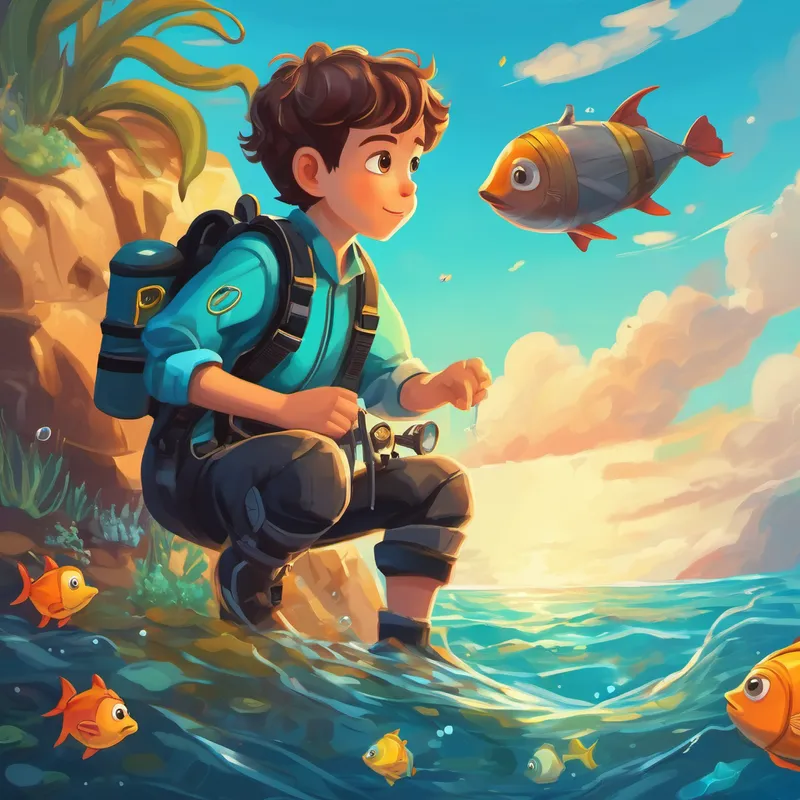 Curious and brave boy with scuba gear. finding a treasure chest in the sea