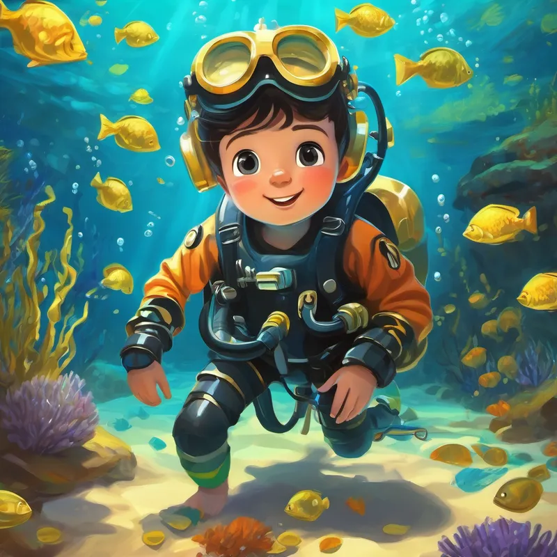 Curious and brave boy with scuba gear. finding shiny pearls and gold coins