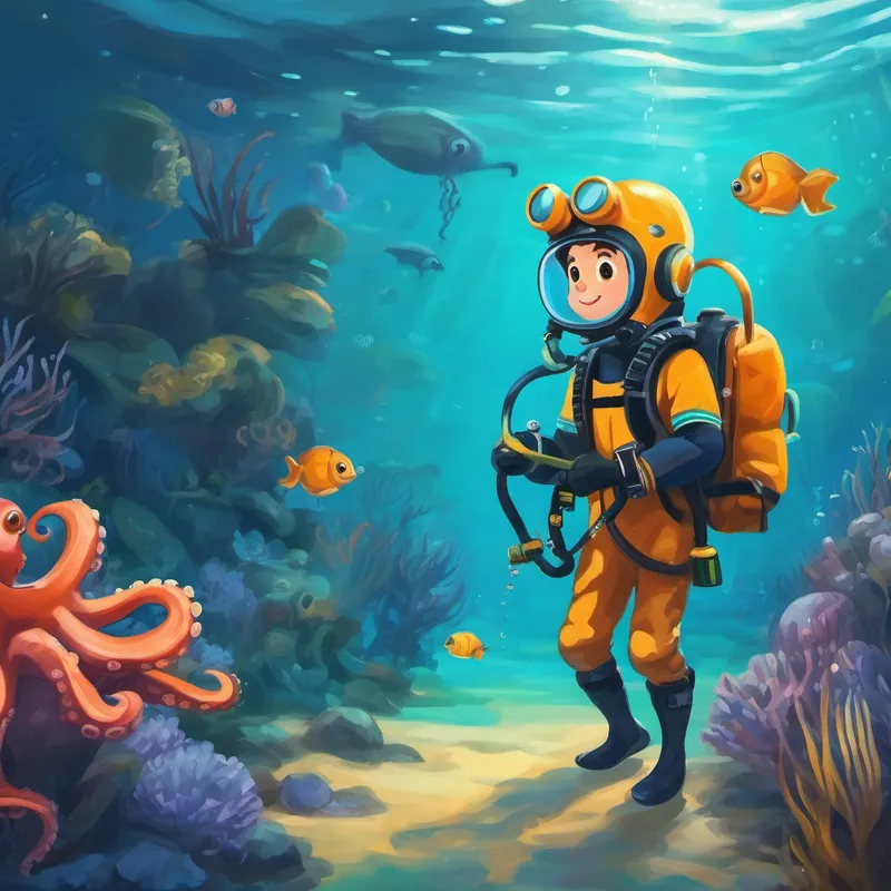 Curious and brave boy with scuba gear. meeting a friendly octopus in the sea