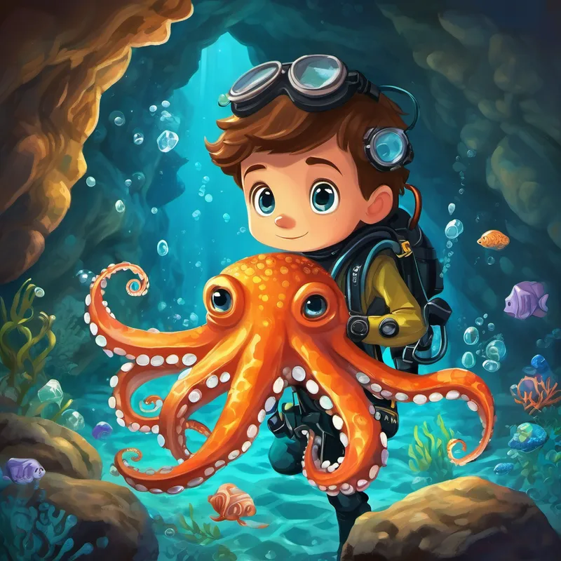 Curious and brave boy with scuba gear. and the octopus finding a cave with sparkling gems