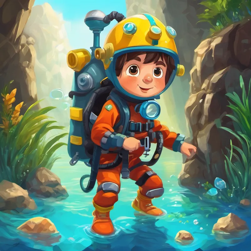Curious and brave boy with scuba gear. collecting gems and getting ready to go up