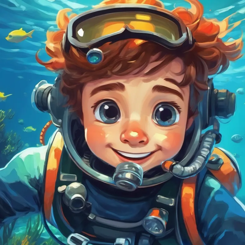 Curious and brave boy with scuba gear. smiling at the surface after his deep sea adventure