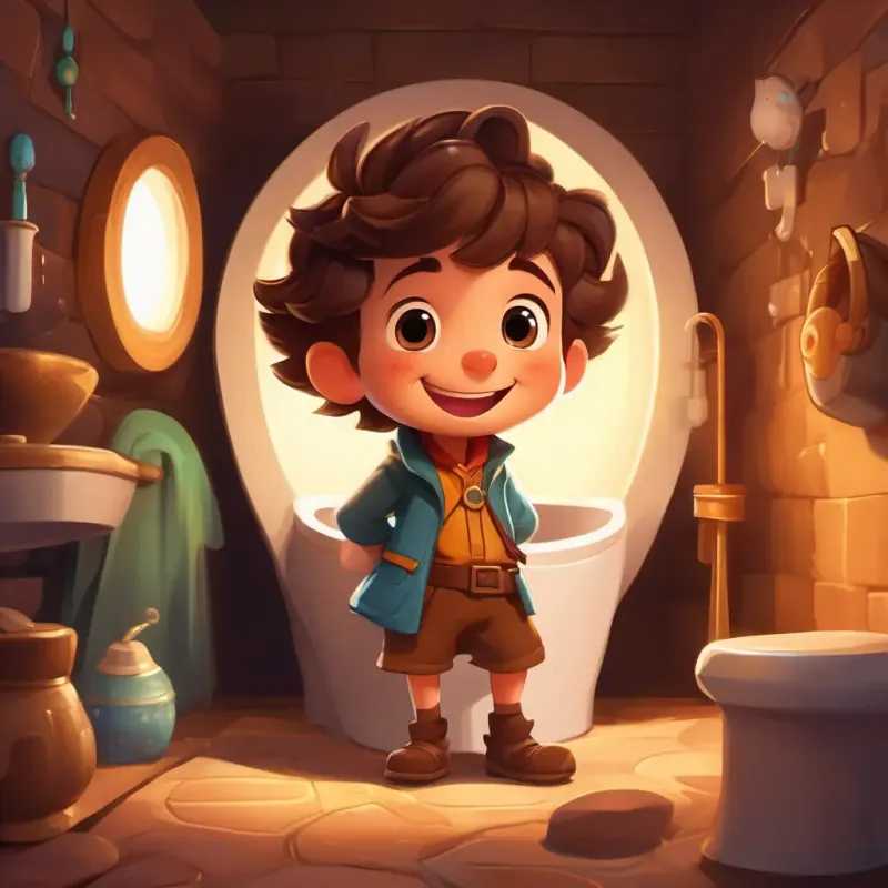 Introducing A cheerful, brown-colored little character with twinkling eyes, always ready for adventure and his exciting toilet world, full of magic and wonder