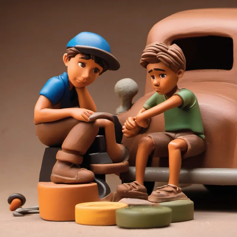 Wheel comes off the truck, A young boy with tanned skin, brown eyes, and a daring spirit looks sad and attempts repair.