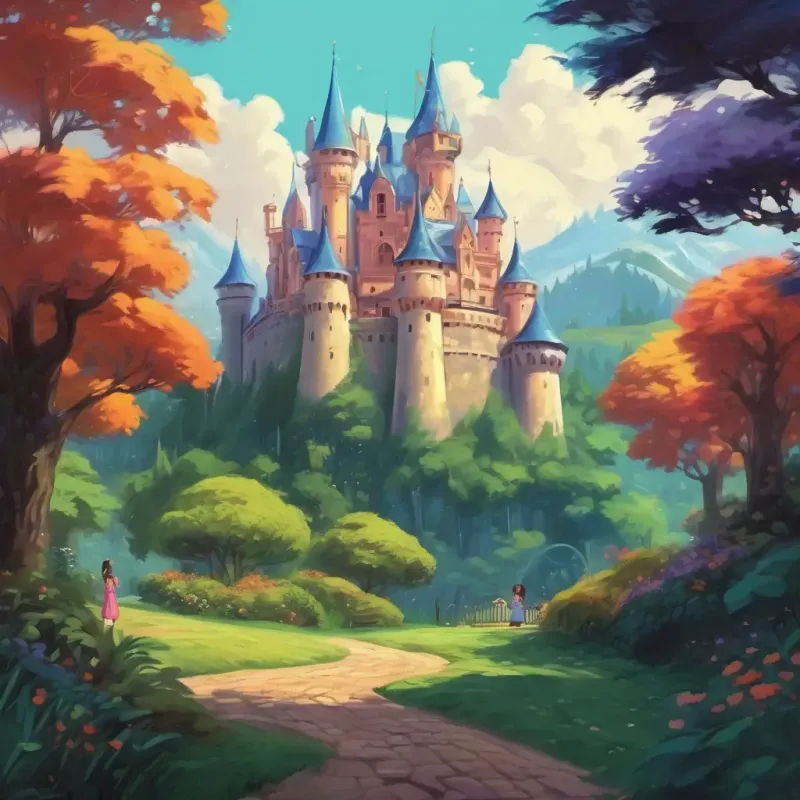 A castle with three princesses playing in a garden and a magical forest in the background.