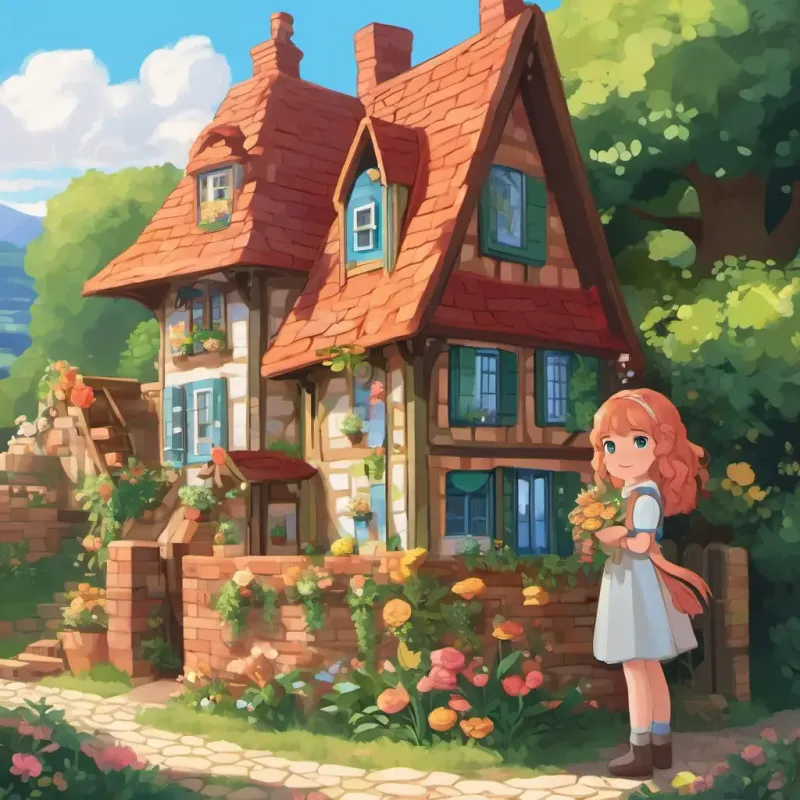 Lily has fair skin, blue eyes, and long golden hair's house made of bricks, Rose has rosy skin, green eyes, and curly red hair's house made of wood, and Daisy has a tan skin, brown eyes, and straight black hair's house made of flowers.