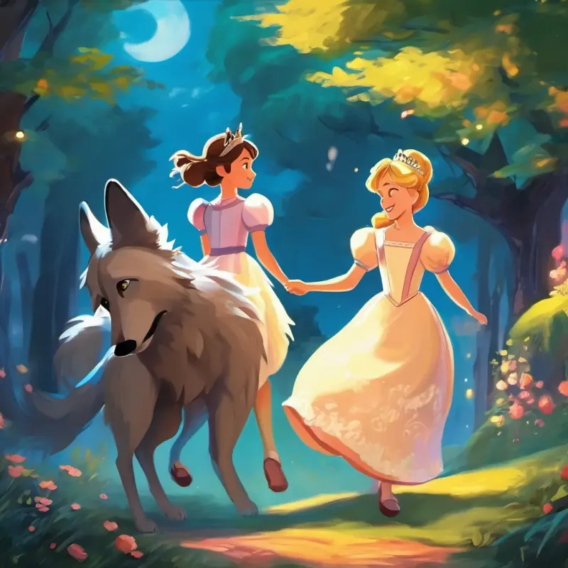 The princesses and the wolf playing together and living happily ever after.