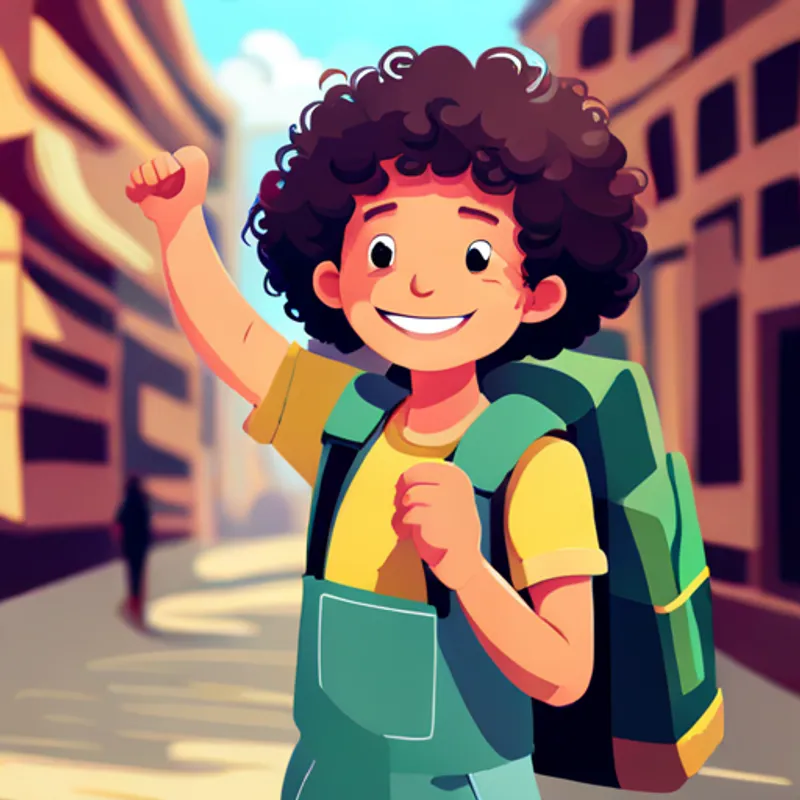 Curly-haired, wearing colorful clothes, with a friendly smile lugging a backpack, waving goodbye to parents