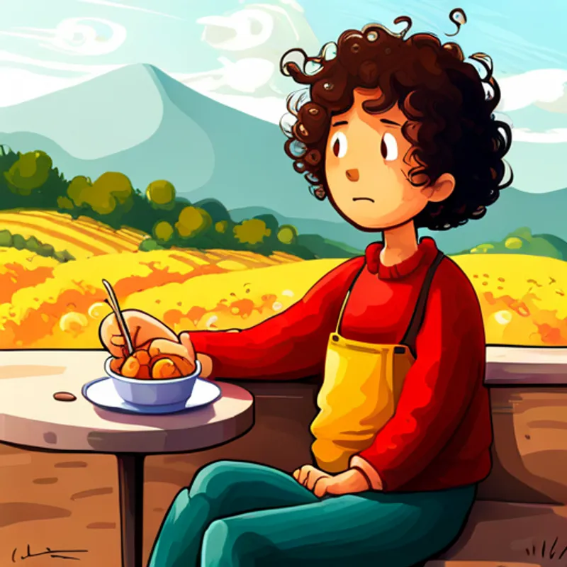 Curly-haired, wearing colorful clothes, with a friendly smile sitting alone at lunch, looking sad