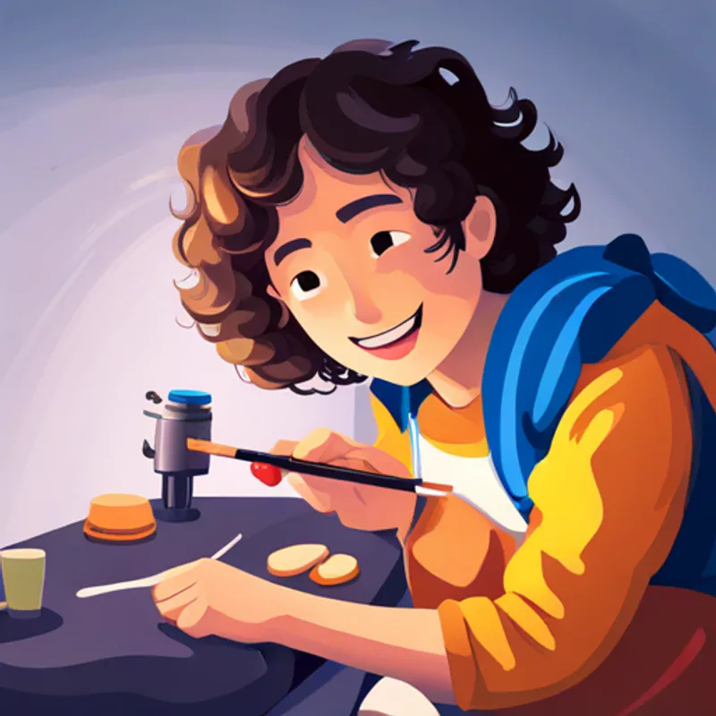 Curly-haired, wearing colorful clothes, with a friendly smile painting a picture with other girlren