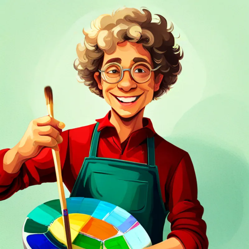 Curly-haired, wearing colorful clothes, with a friendly smile and Blond hair, glasses, holding a paint palette smiling with paintbrushes in hand