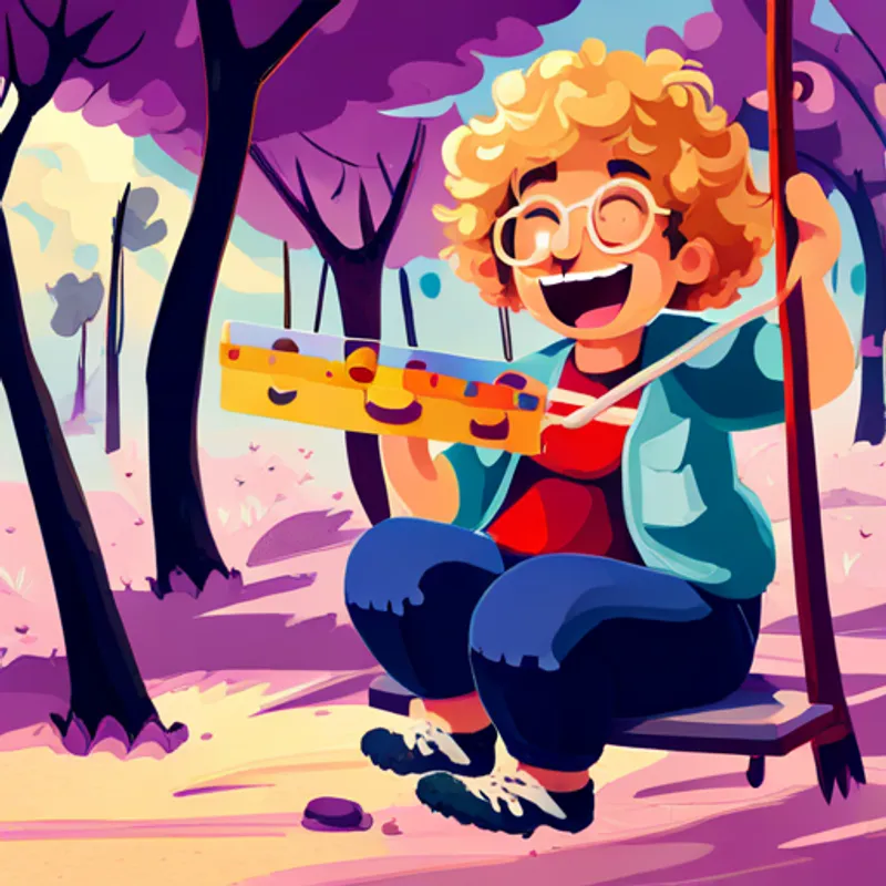 Curly-haired, wearing colorful clothes, with a friendly smile and Blond hair, glasses, holding a paint palette laughing and playing on swings