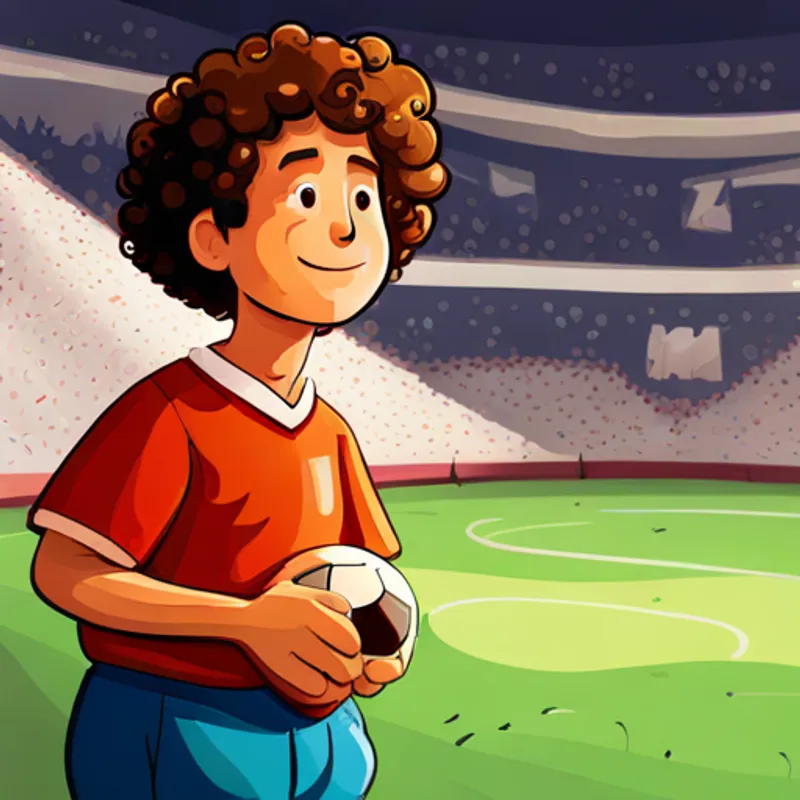 Curly-haired, wearing colorful clothes, with a friendly smile watching soccer game from the side