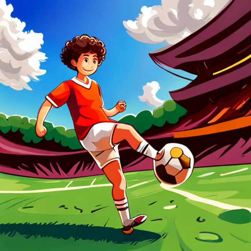 Curly-haired, wearing colorful clothes, with a friendly smile and Short hair, wearing a soccer jersey and shorts kicking a soccer ball together