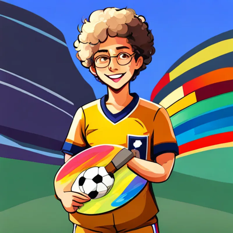 Curly-haired, wearing colorful clothes, with a friendly smile, Blond hair, glasses, holding a paint palette, and Short hair, wearing a soccer jersey and shorts holding hands, smiling brightly