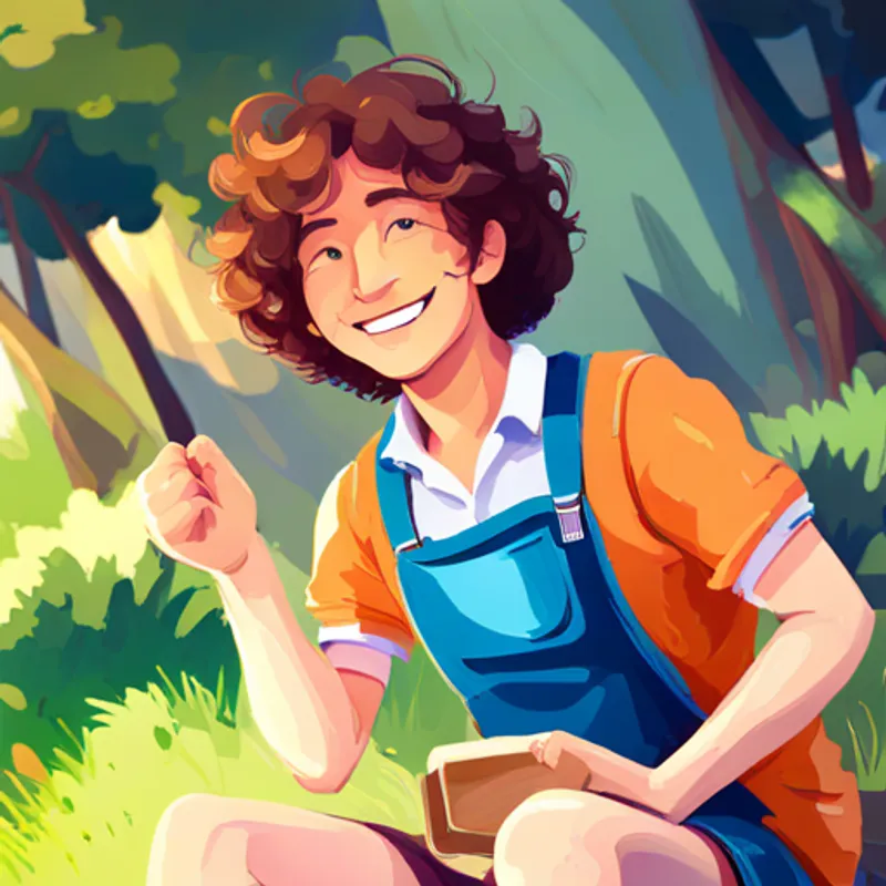 Curly-haired, wearing colorful clothes, with a friendly smile trying new activities with a big smile