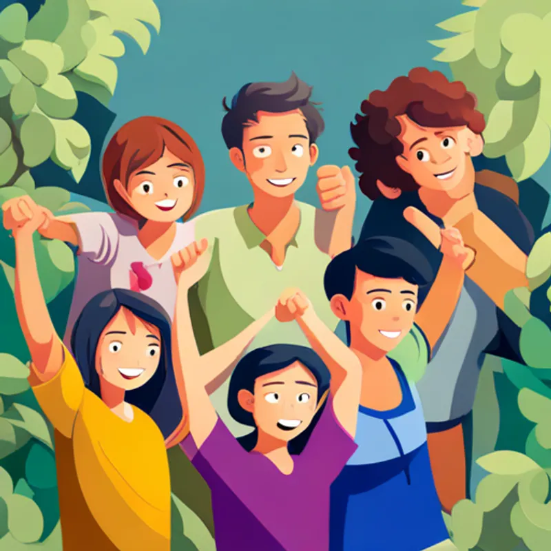 Curly-haired, wearing colorful clothes, with a friendly smile surrounded by friends, arms raised in joy