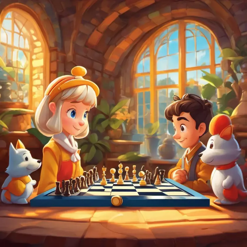 Lily meets the chess characters and is filled with excitement, a vibrant chessboard setting