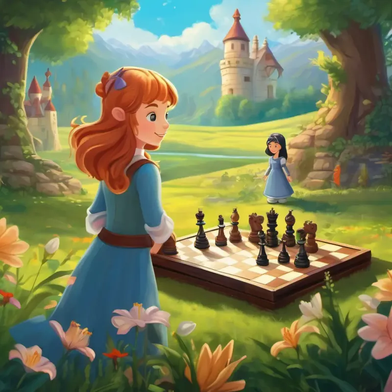 Lily and the chess characters embark on adventures and learn about chess, a meadow setting