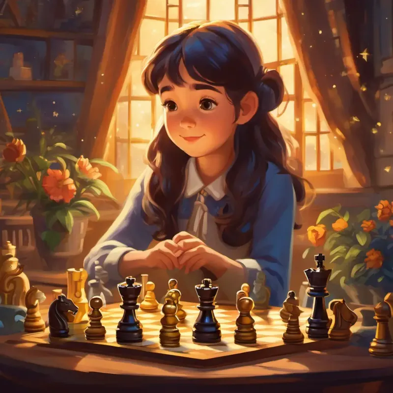 Lily's love for chess is shown and cherished memories of her adventures with the chess characters, a starry night setting