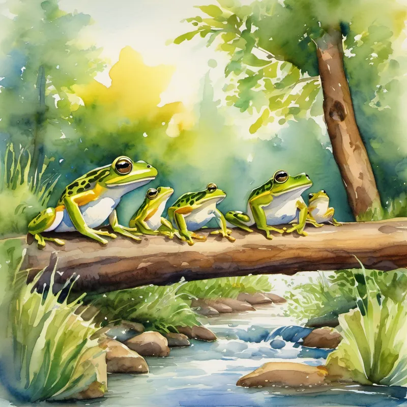 Once upon a sunny day,
In a meadow, far away,
There were seven hopping frogs,
Leaping over fallen logs. One little frog, his name was Fred,
Jumped across the stream, ahead.
Two little frogs then took their turn,
Hopping to a tree to learn.