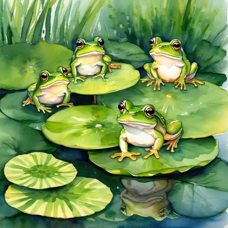 Three little frogs, all green and bright,
Jumped onto a lily pad, just right.
Four little frogs, so full of glee,
Hopped over mushrooms, one, two, three! Five little frogs, with big round eyes,
Jumped across a garden, full of surprise.
Six little frogs, leapt high and low,
Counting flowers, row by row.