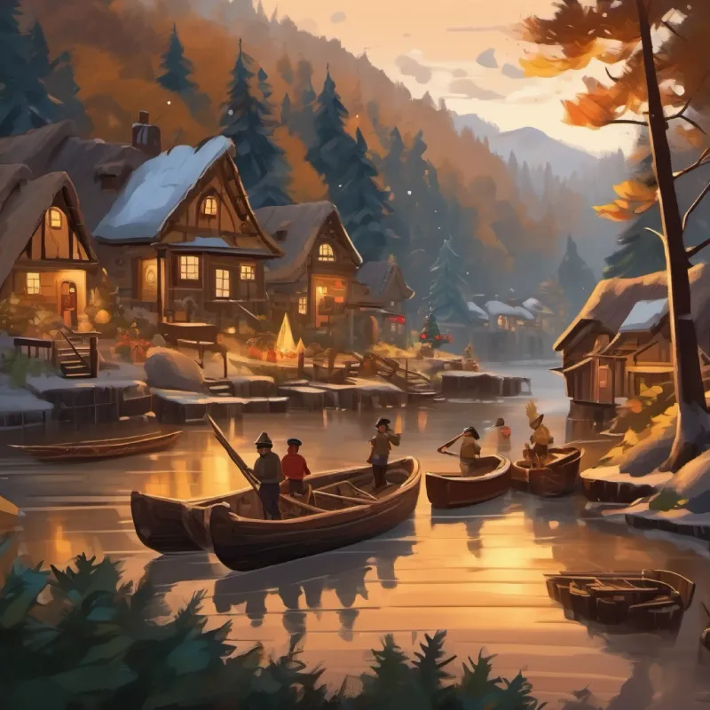 Introduction to the Busy workers with axes and boats, brown skin, dark eyes, 15 words max' village near the forest and the process of woodcutting.